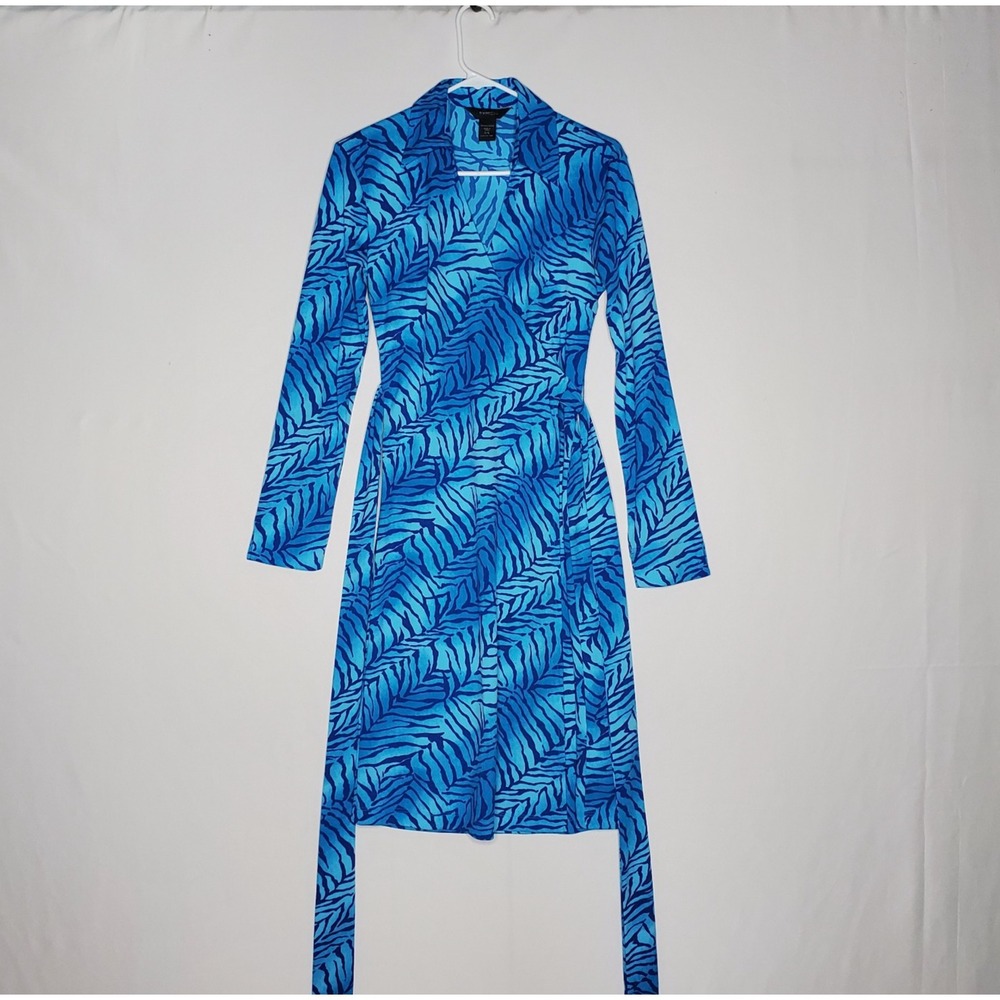 Express Vintage Tie Wrap Dress 5/6 Blue Animal Collar Retro 70s Career Midi